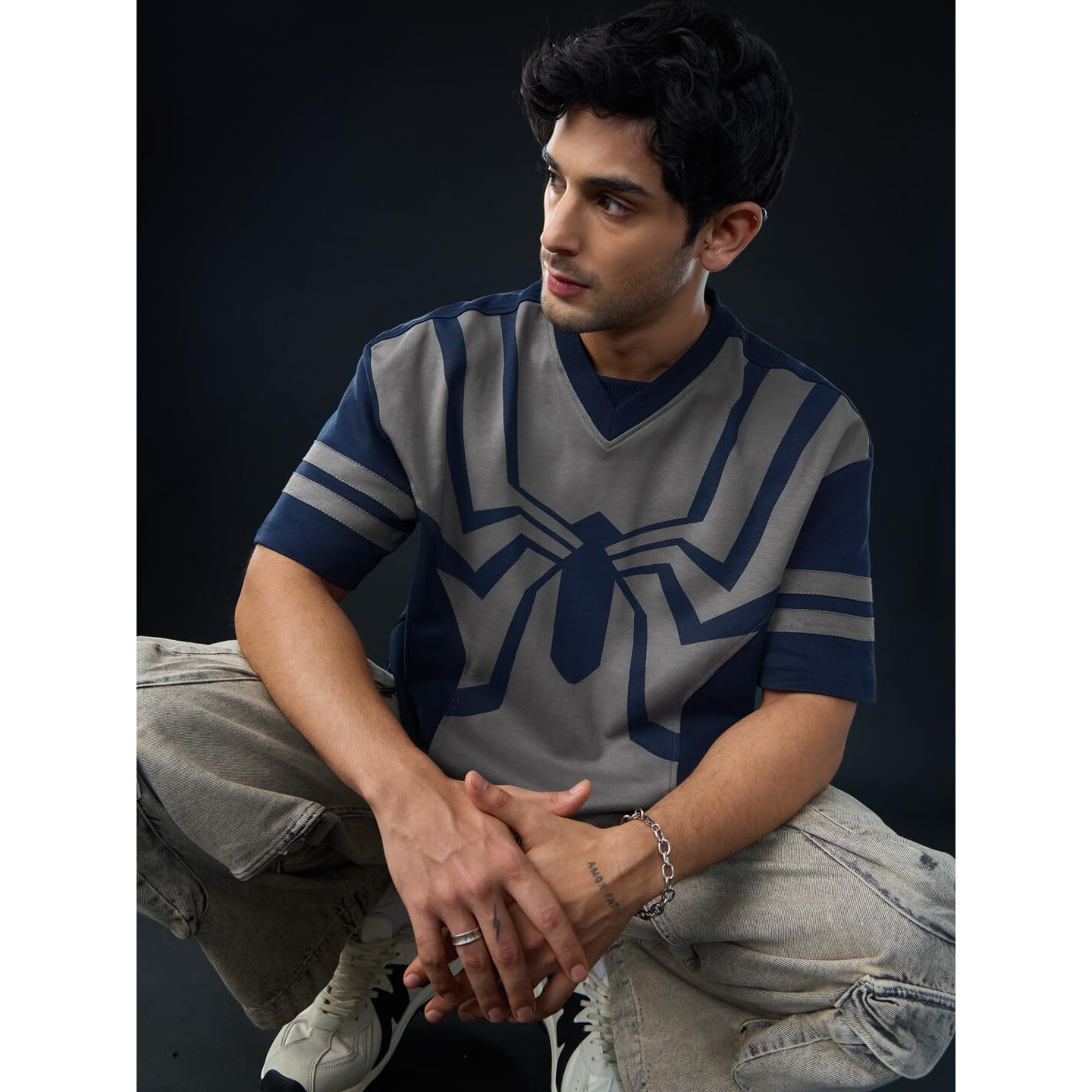 The Souled Store Spider-Man Oscorp Suit Men And Boys Short Sleeves V-Neck Blue And Grey Printed Cotton Breathable Lightweight All-Season Oversized T-Shirt