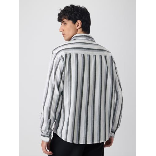 The Souled Store Mystique Men And Boys Long Sleeve Spread Collar White And Grey Striped Regular Cotton Linen Shirt