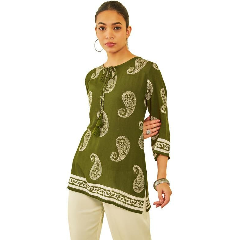 Soch Womens Green Crepe Paisley Printed Ethnic Tunic With Tie-Ups Tassels