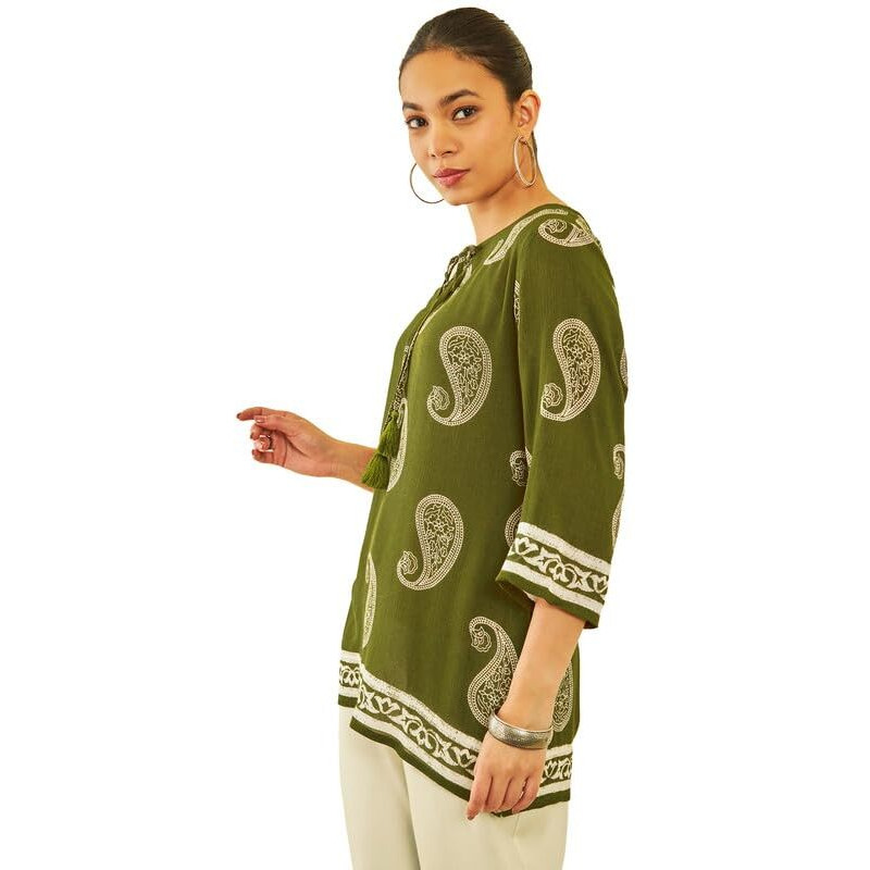 Soch Womens Green Crepe Paisley Printed Ethnic Tunic With Tie-Ups Tassels