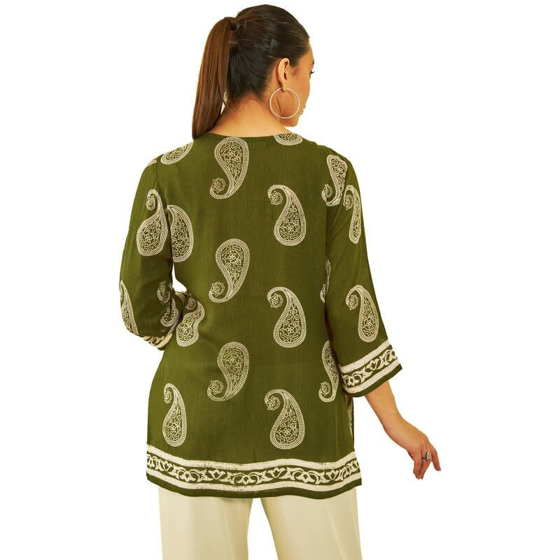 Soch Womens Green Crepe Paisley Printed Ethnic Tunic With Tie-Ups Tassels