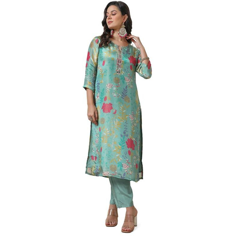 Soch Womens Turquoise Blue Botanical Print Tissue Kurta Set