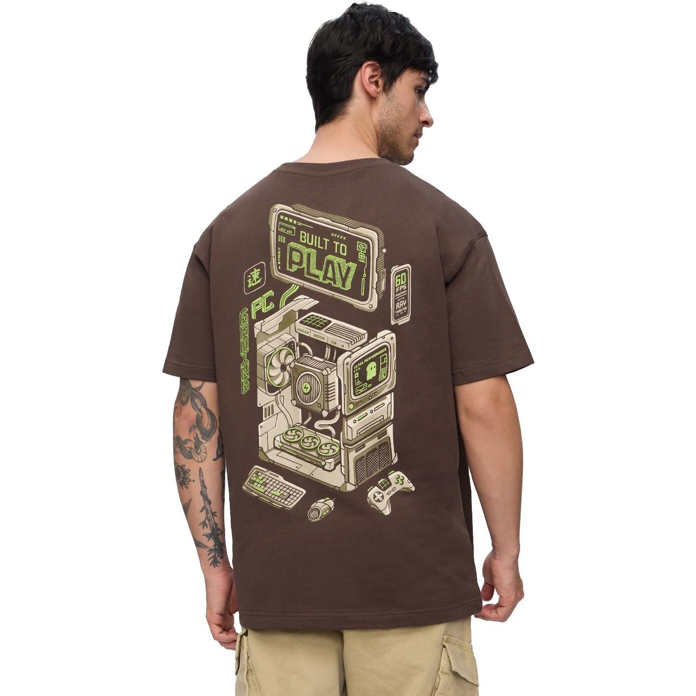 The Souled Store Built To Play Men And Boys Short Sleeves Round Neck Brown Graphic Printed Cotton Oversized T-Shirts