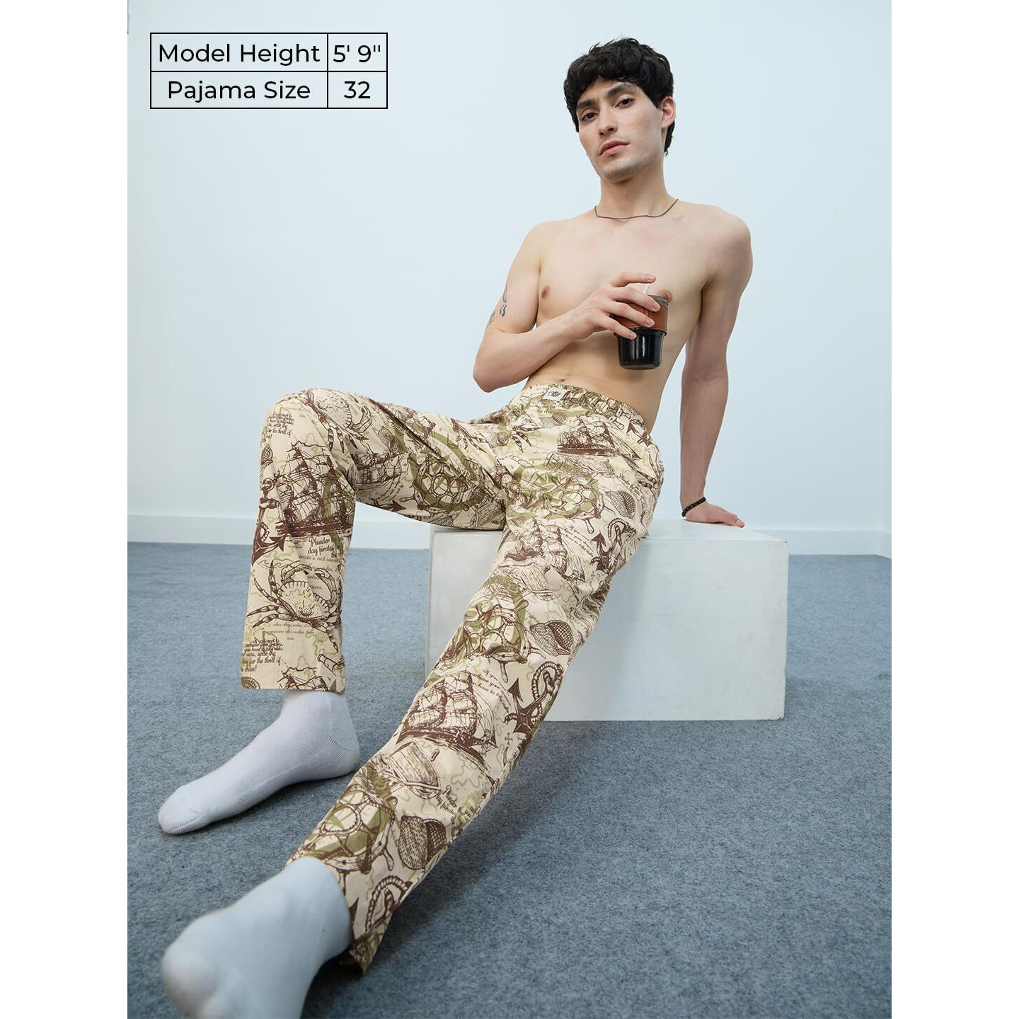 The Souled Store Sailor Wanderer Men And Boys Beige All Over Printed Pull On Regular Fit Cotton Pajamas