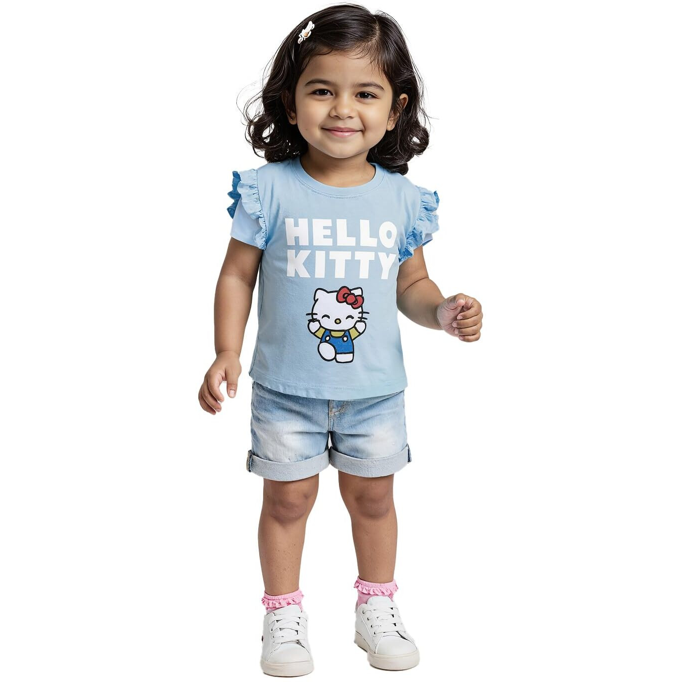 The Souled Store Hello Kitty Kitty Love Girls Short Sleeves Round Neck Blue Graphic Printed Regular Fit Cotton T-Shirts (2-8 Yrs)