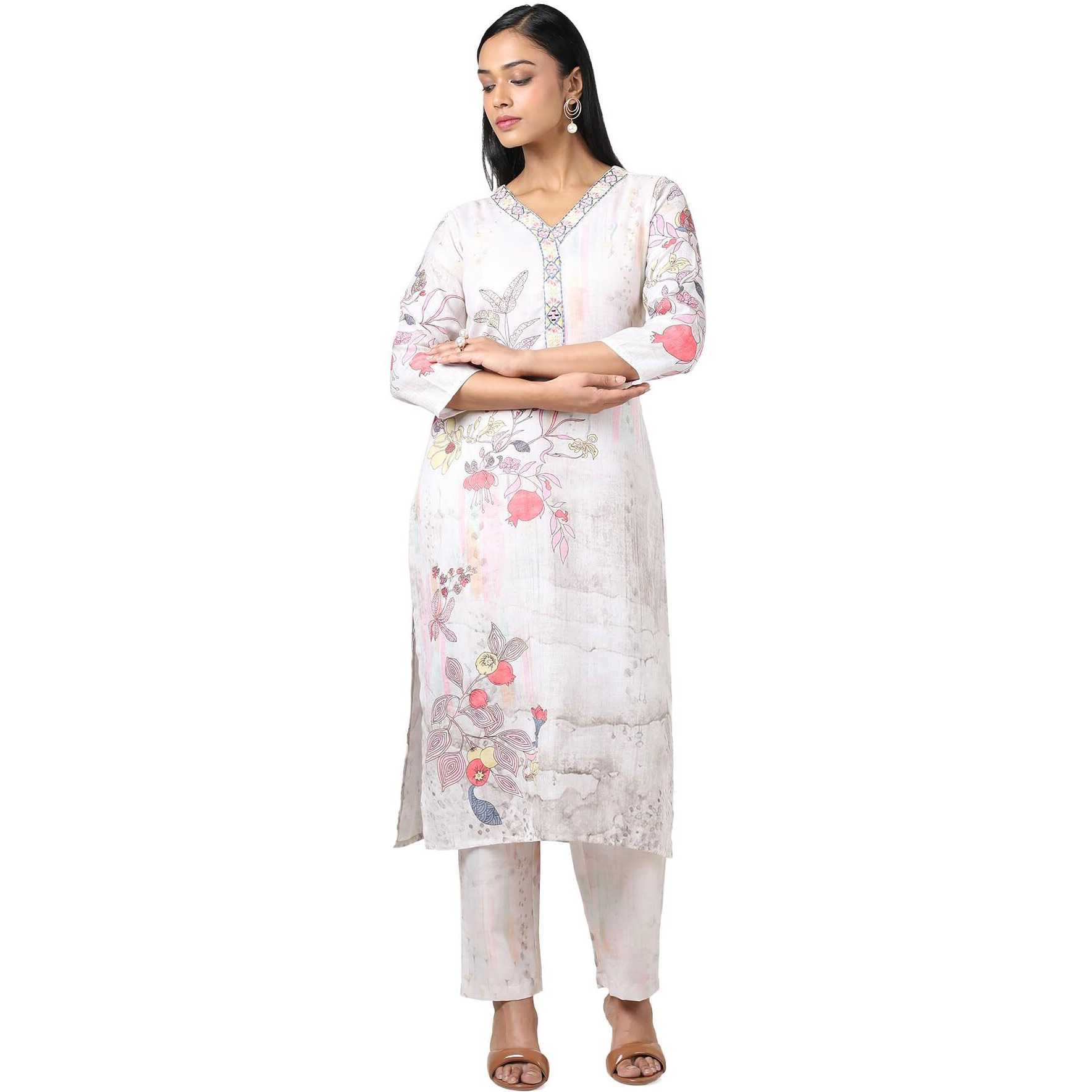Soch Women Beige Linen Floral Print Kurta Set With Mirror Work
