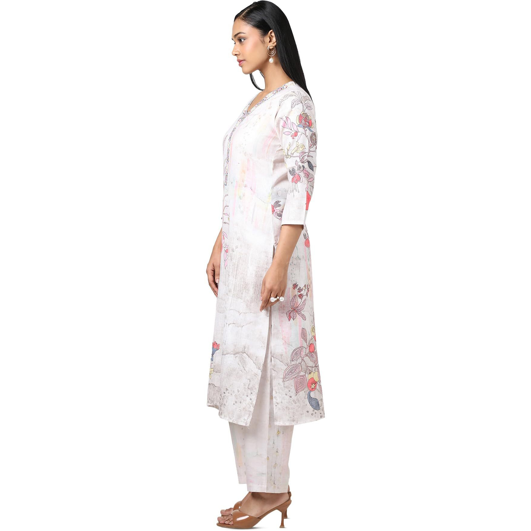 Soch Women Beige Linen Floral Print Kurta Set With Mirror Work