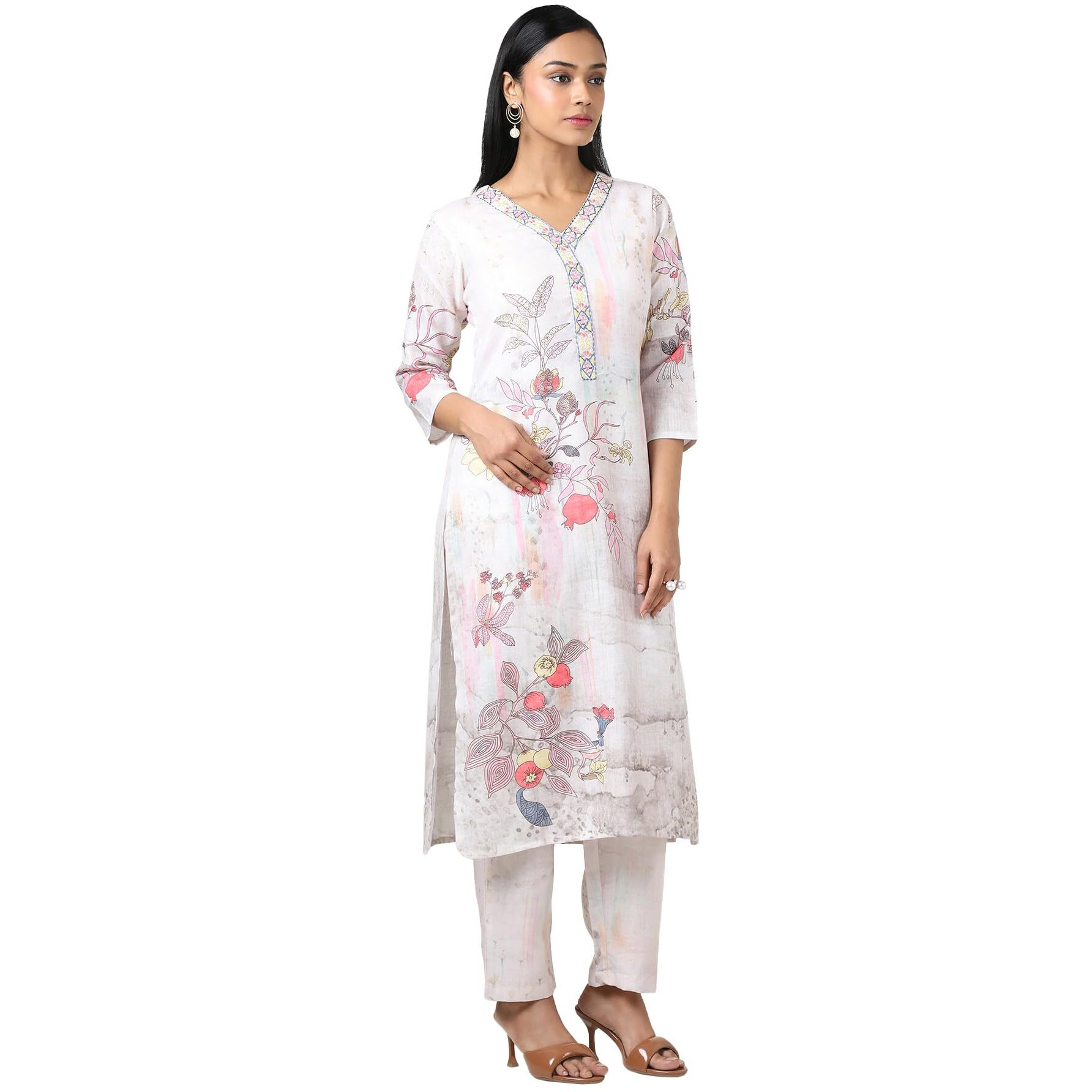 Soch Women Beige Linen Floral Print Kurta Set With Mirror Work