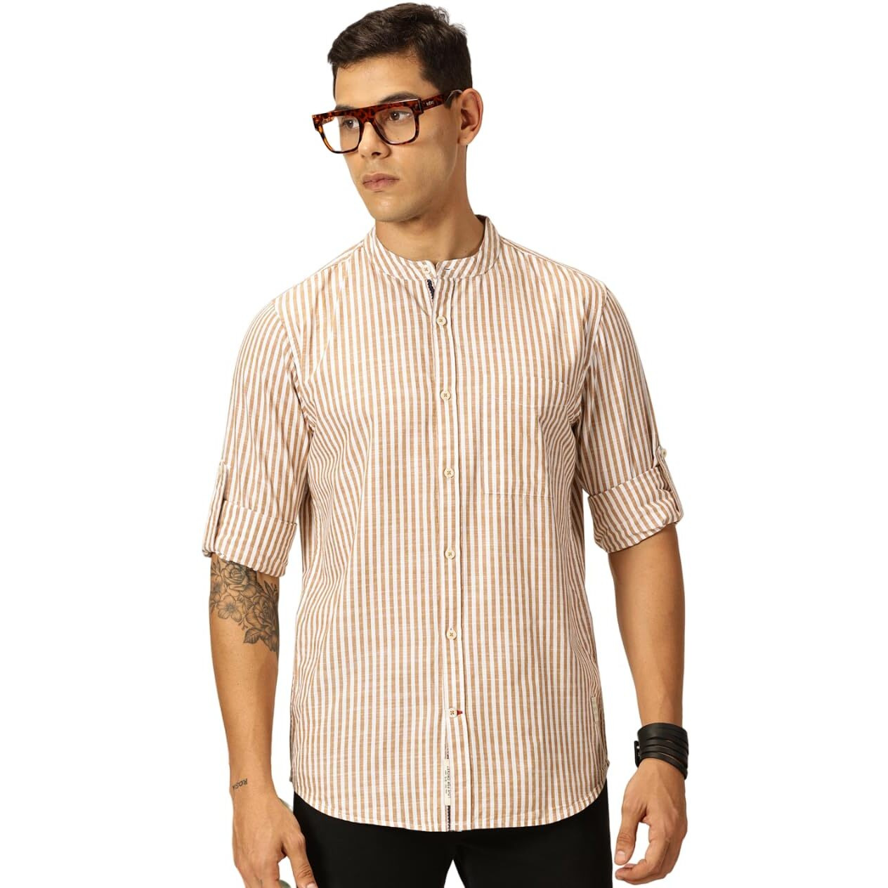 Thomas Scott Mens 100% Cotton Full Sleeves Striped Mandarin Collar Casual Shirt (Ts1514_Brown, L)