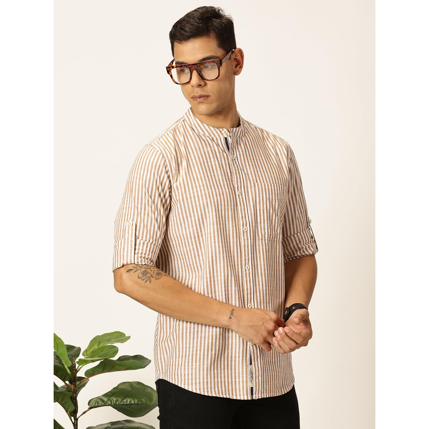 Thomas Scott Mens 100% Cotton Full Sleeves Striped Mandarin Collar Casual Shirt (Ts1514_Brown, L)