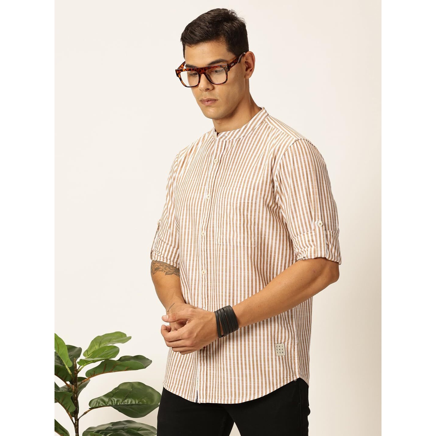 Thomas Scott Mens 100% Cotton Full Sleeves Striped Mandarin Collar Casual Shirt (Ts1514_Brown, L)