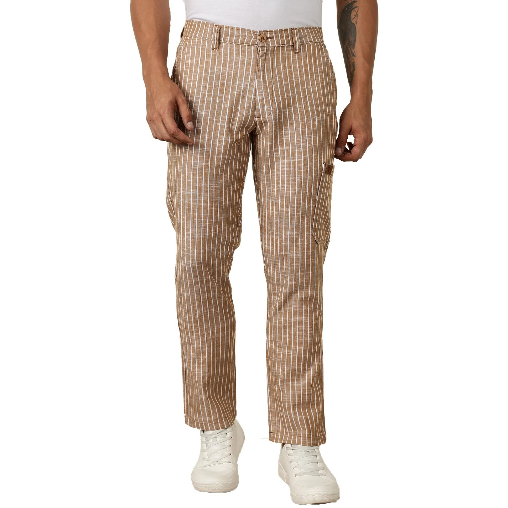 Thomas Scott Men's | Stripes | Linen | Slim Fit | Casula Trouser | Chino Pants For Men (Tsb134_Beige_30)