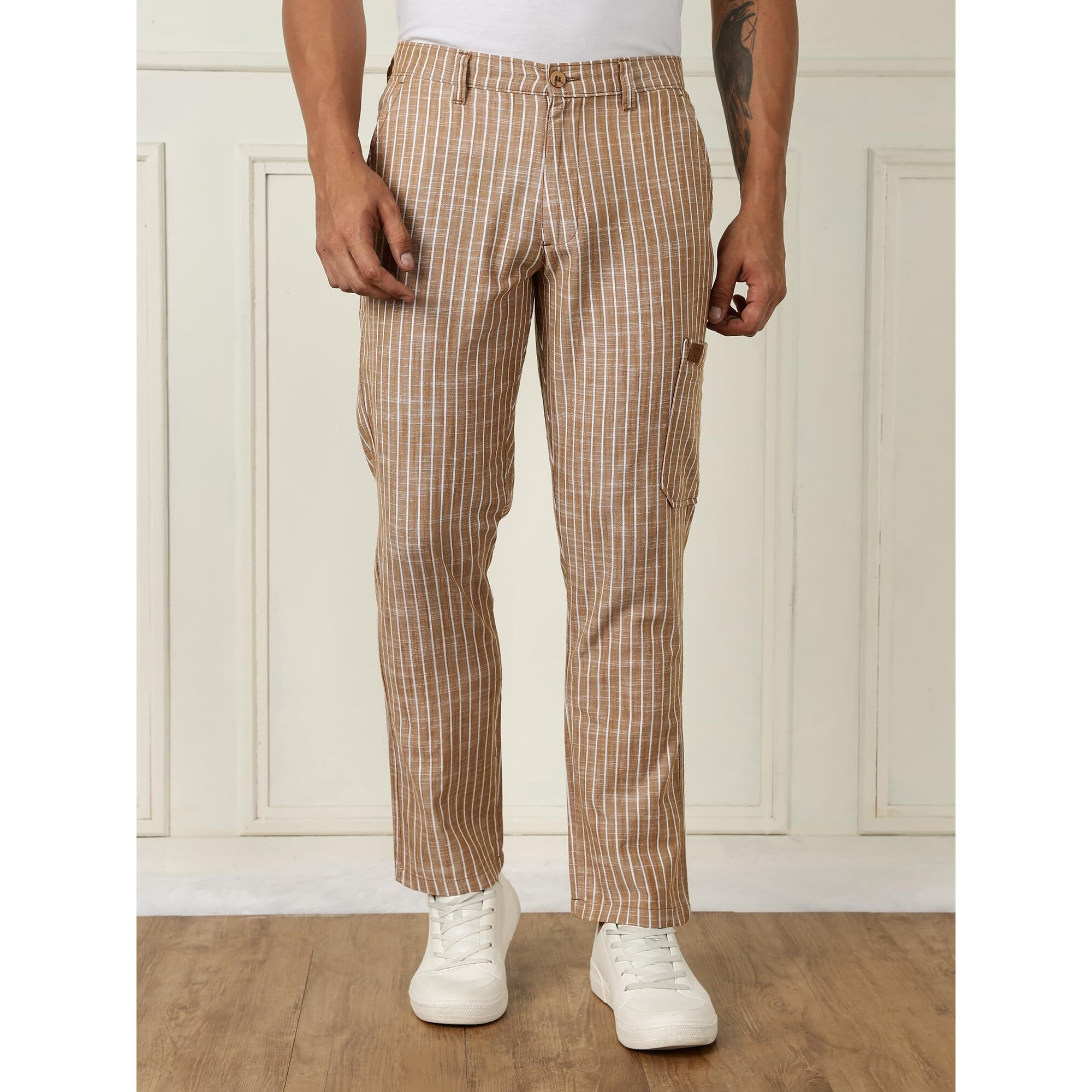 Thomas Scott Men's | Stripes | Linen | Slim Fit | Casula Trouser | Chino Pants For Men (Tsb134_Beige_30)
