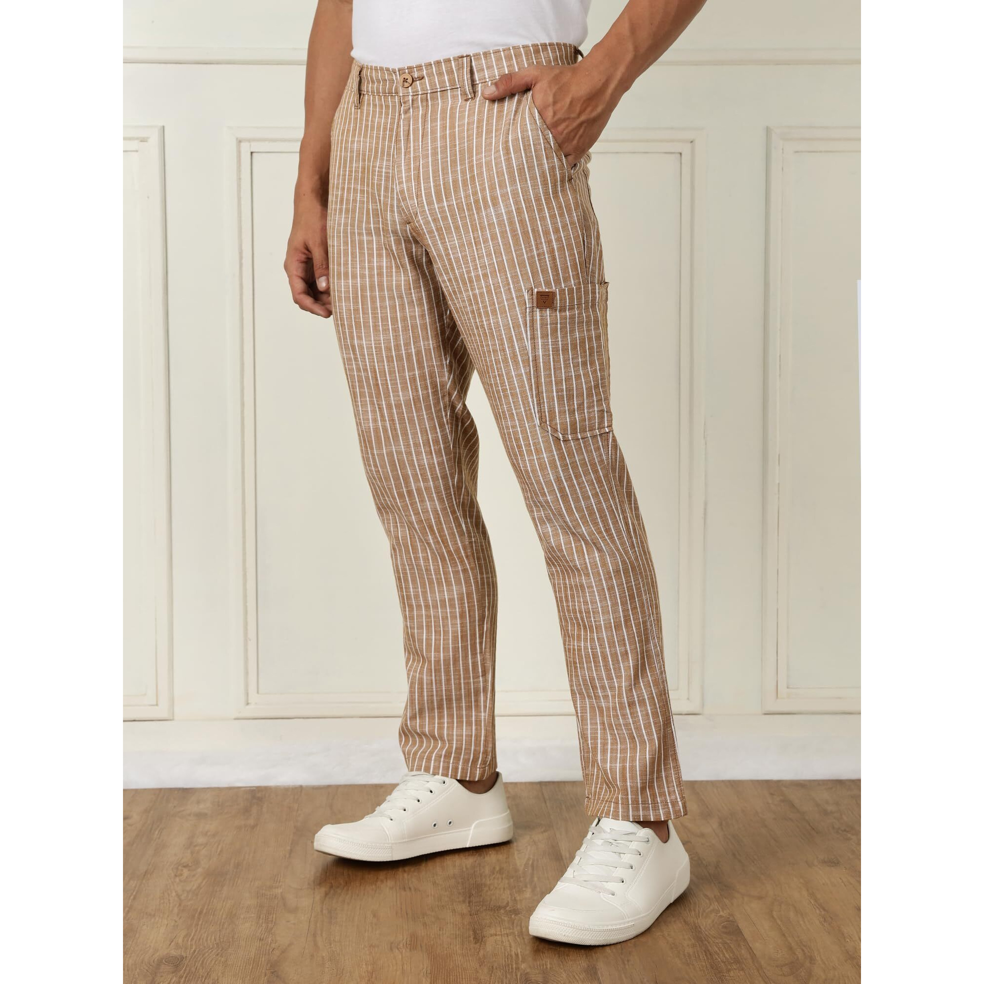 Thomas Scott Men's | Stripes | Linen | Slim Fit | Casula Trouser | Chino Pants For Men (Tsb134_Beige_30)