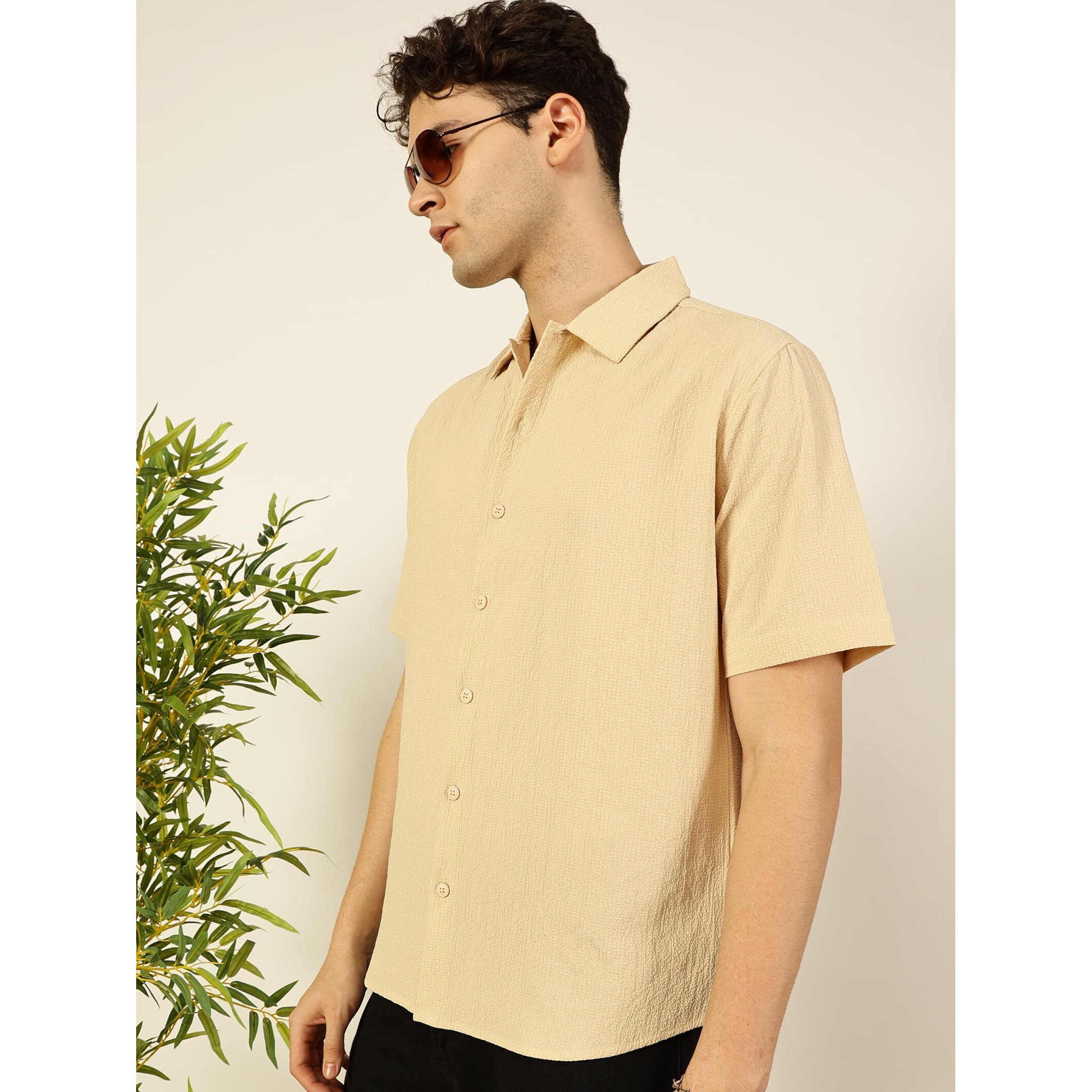 Thomas Scott Regular Fit Self Design Textured Cuban Collar Casual Shirt For Mens Beige