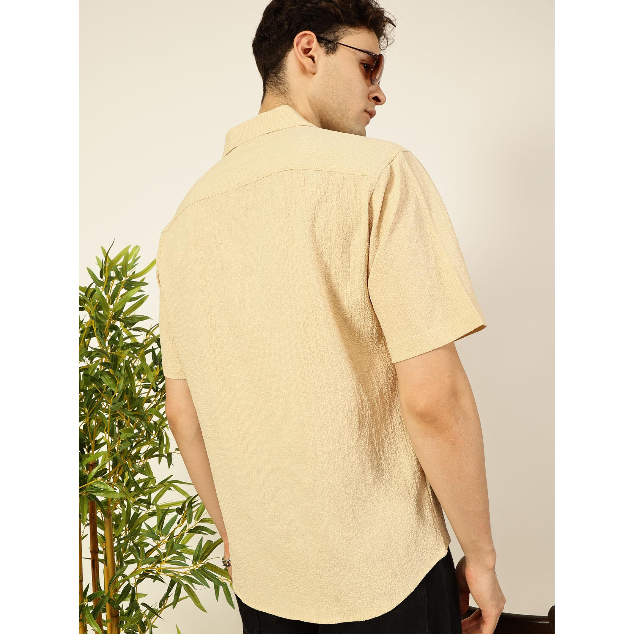 Thomas Scott Regular Fit Self Design Textured Cuban Collar Casual Shirt For Mens Beige