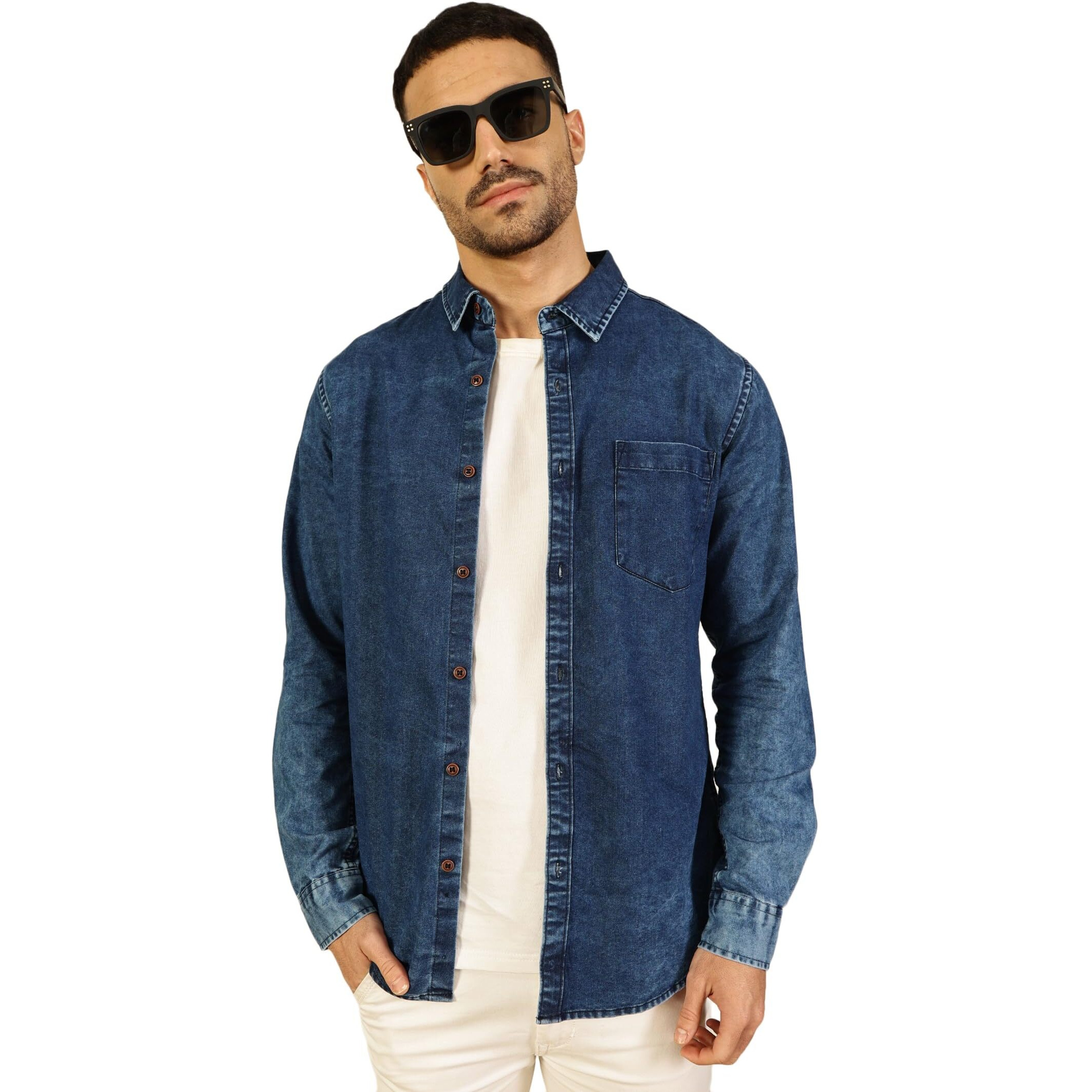 Thomas Scott Men Slim Fit Full Sleeves Denim Casual Shirt (Tsdnmsh013_Darkblue, M)