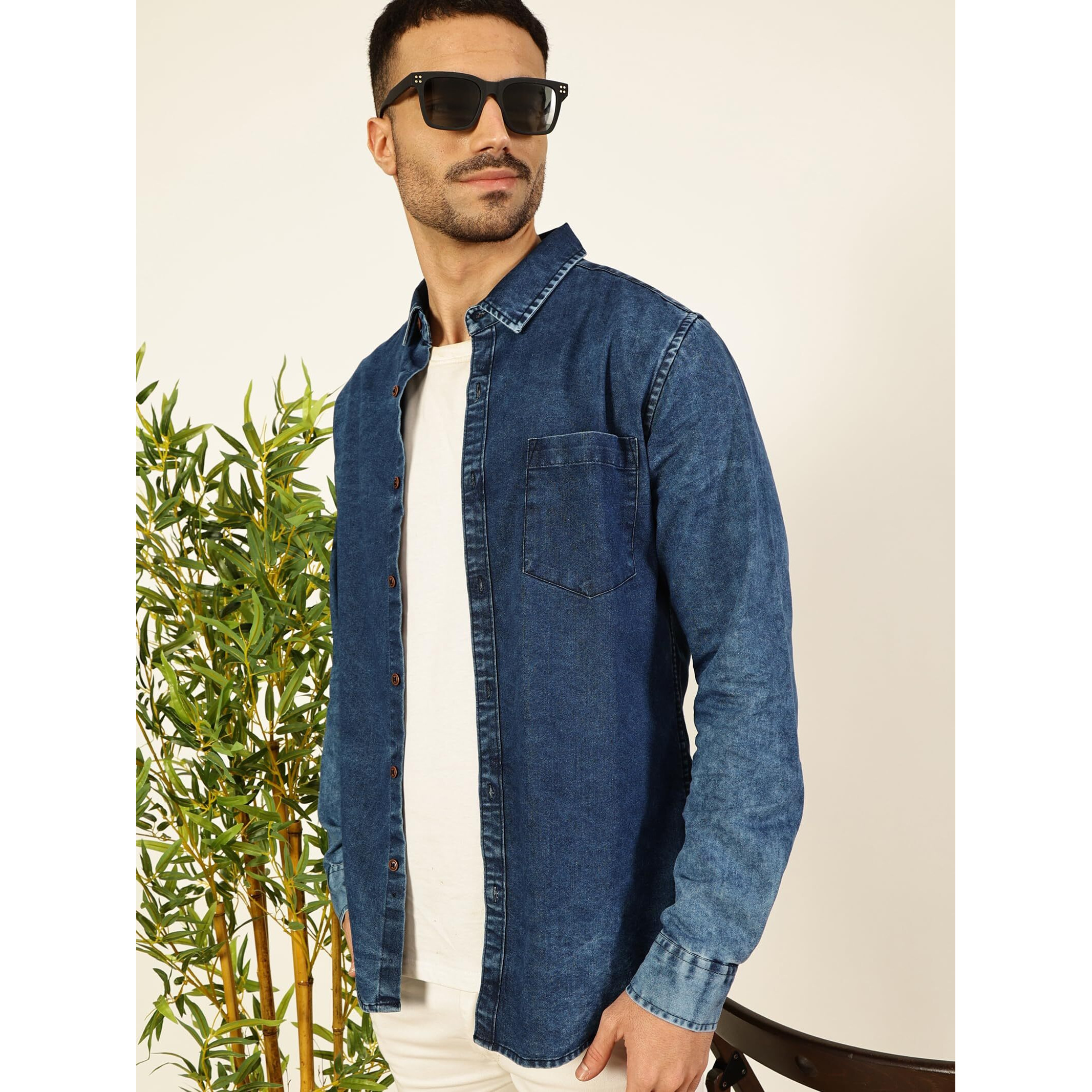 Thomas Scott Men Slim Fit Full Sleeves Denim Casual Shirt (Tsdnmsh013_Darkblue, L)