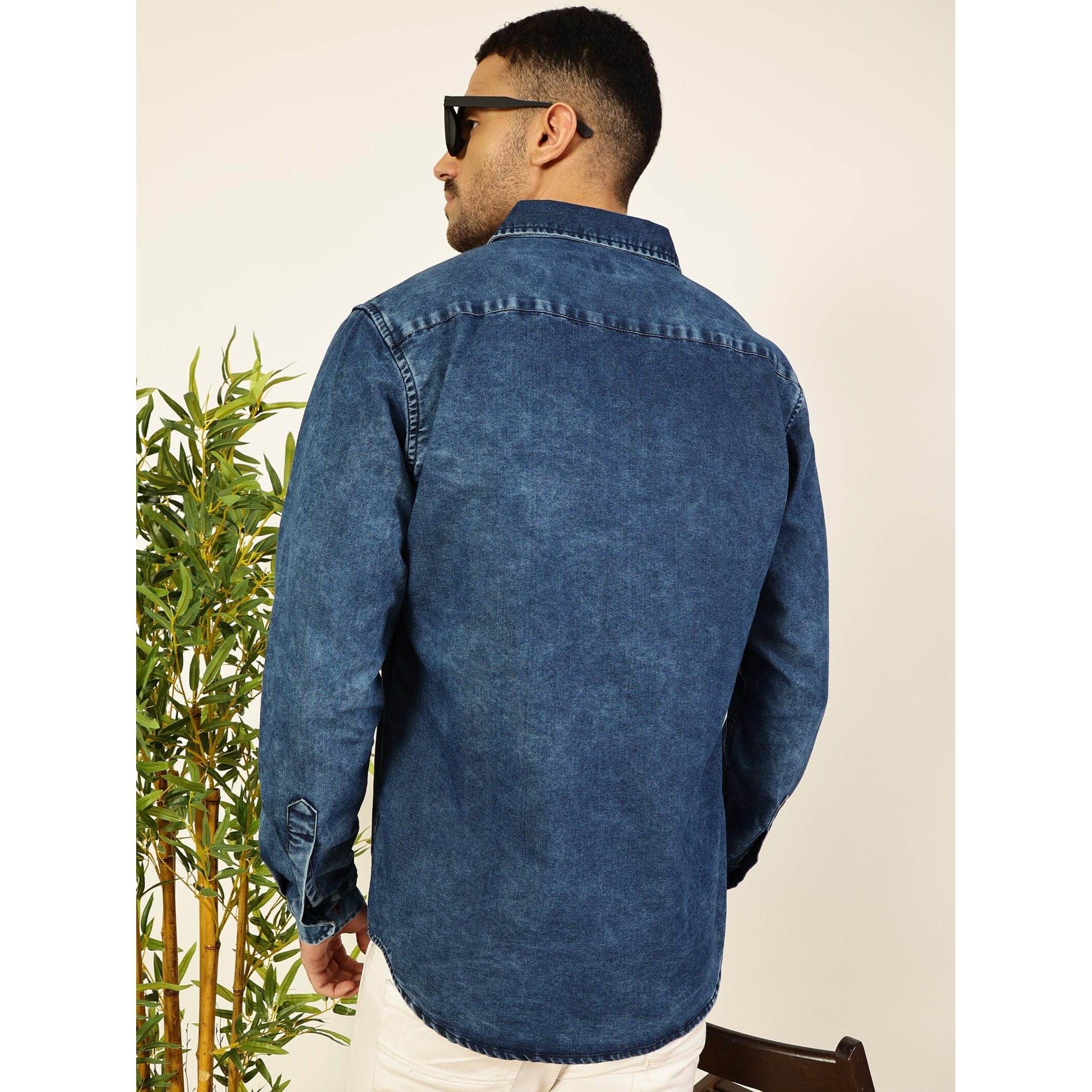 Thomas Scott Men Slim Fit Full Sleeves Denim Casual Shirt (Tsdnmsh013_Darkblue, L)