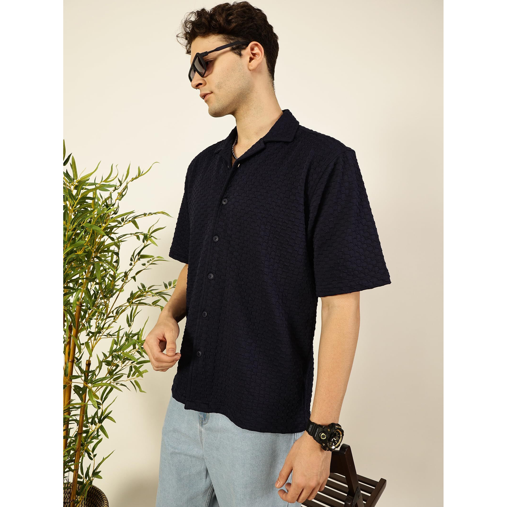 Thomas Scott Men Camp Collar Half Sleeves Textured Casual Shirt (Ts1615_Navy, L)