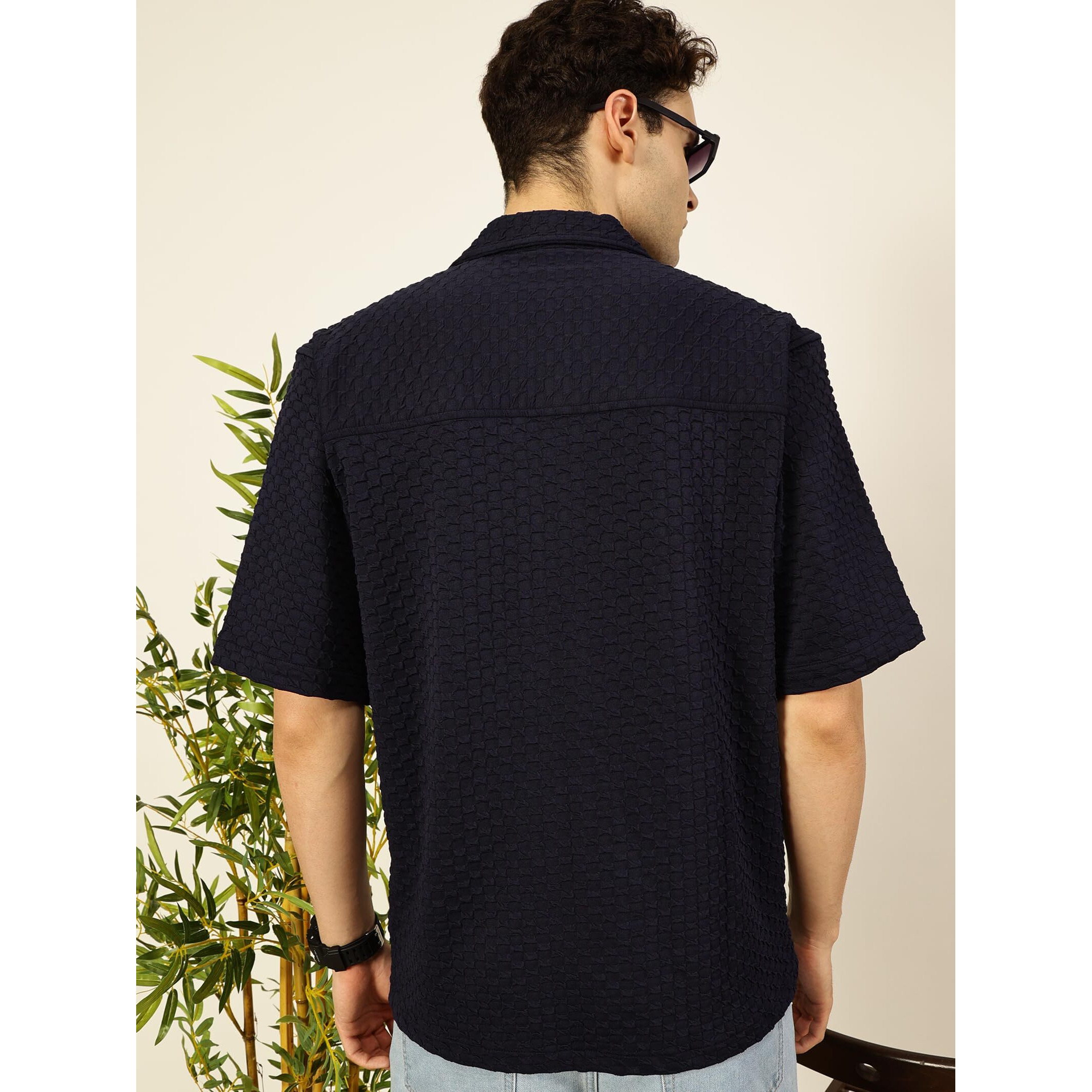 Thomas Scott Men Camp Collar Half Sleeves Textured Casual Shirt (Ts1615_Navy, L)