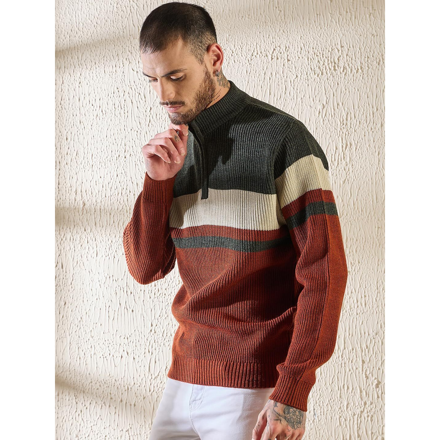 Pivl Men's Winter Half Zip Trendy Sweater -Rust-M