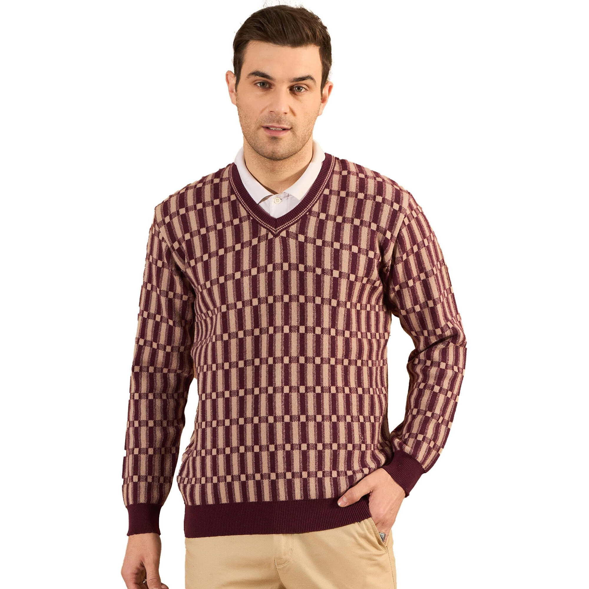 Pivl Men's Winter Checkered And Trendy Sweater_Wine_2Xl