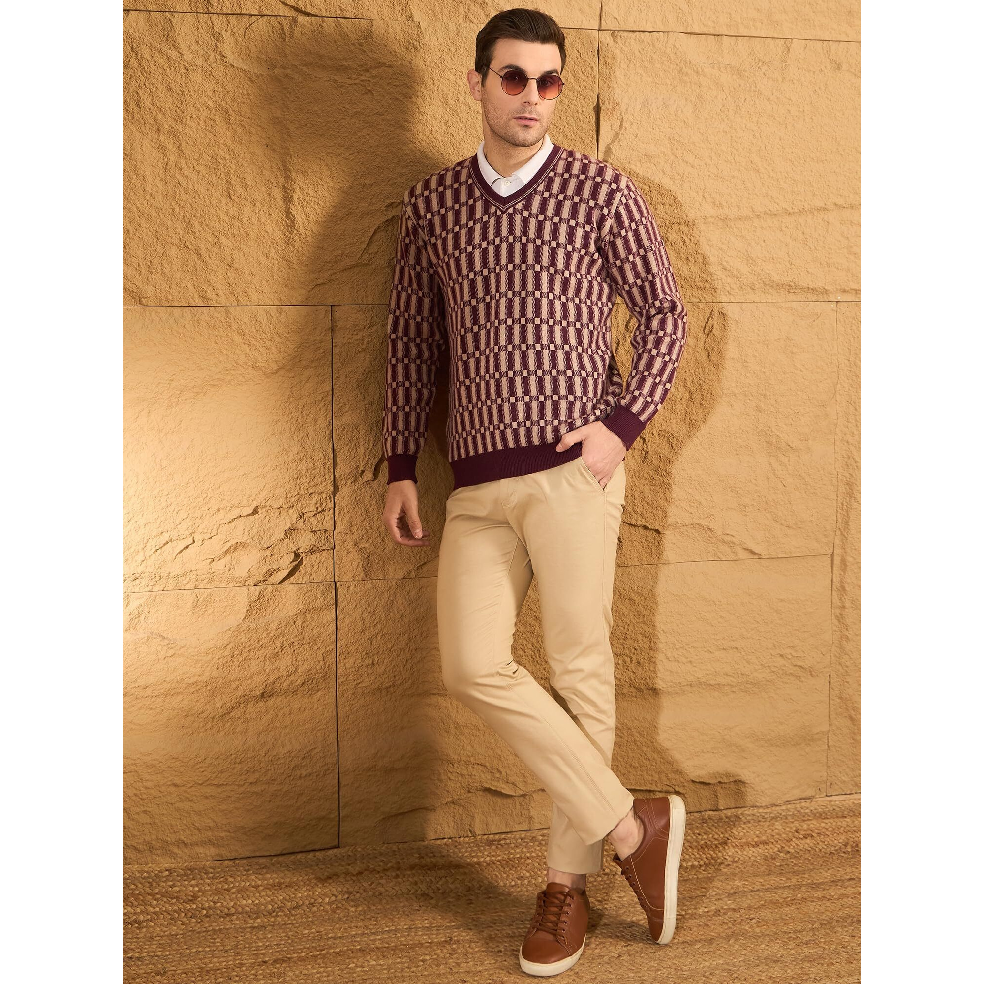 Pivl Men's Winter Checkered And Trendy Sweater_Wine_2Xl