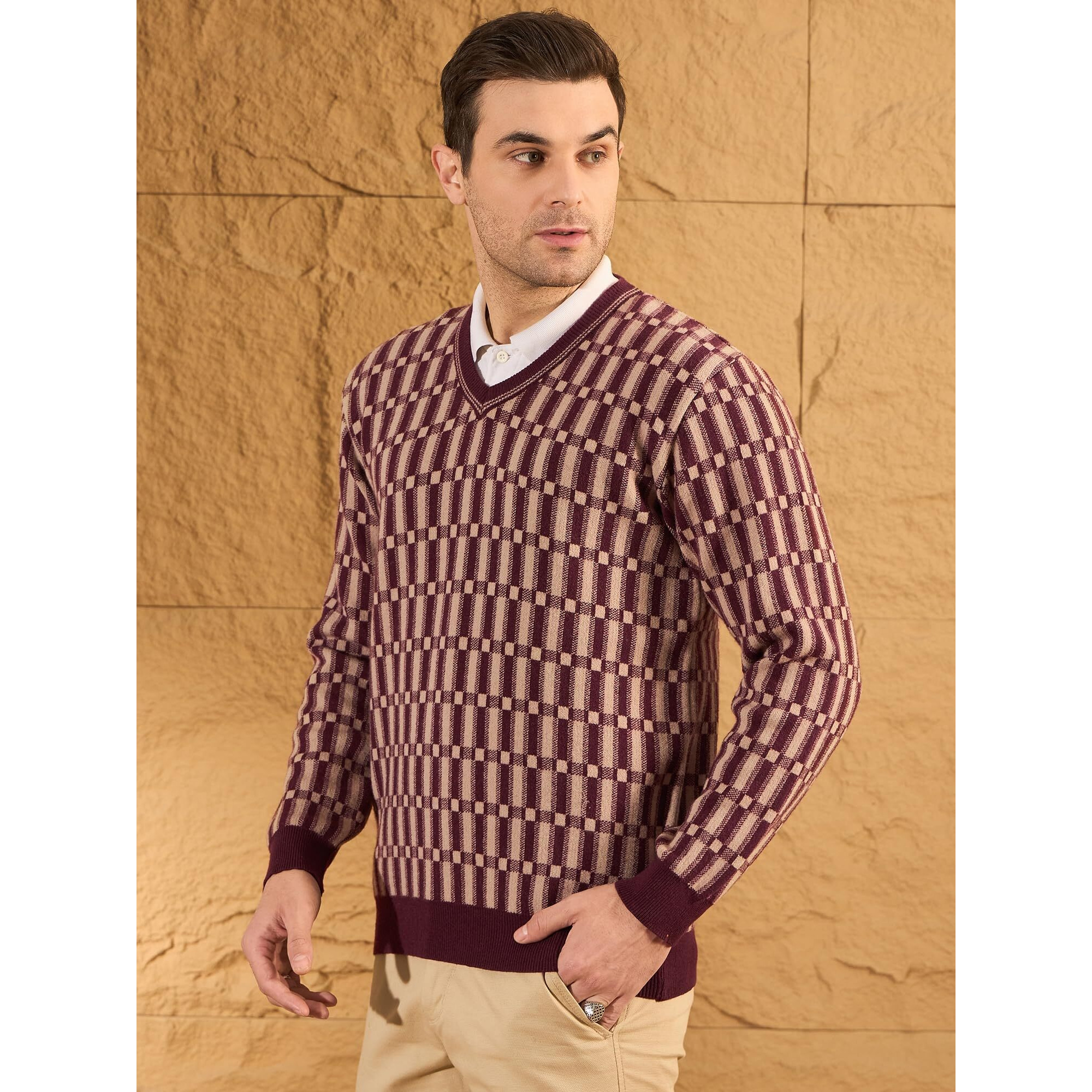 Pivl Men's Winter Checkered And Trendy Sweater_Wine_2Xl