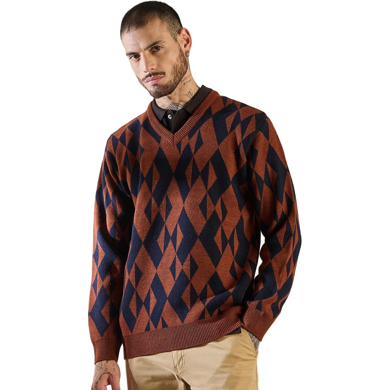 Pivl Men's Winter Round Neck Trendy, Stylish Sweater -Rust-L