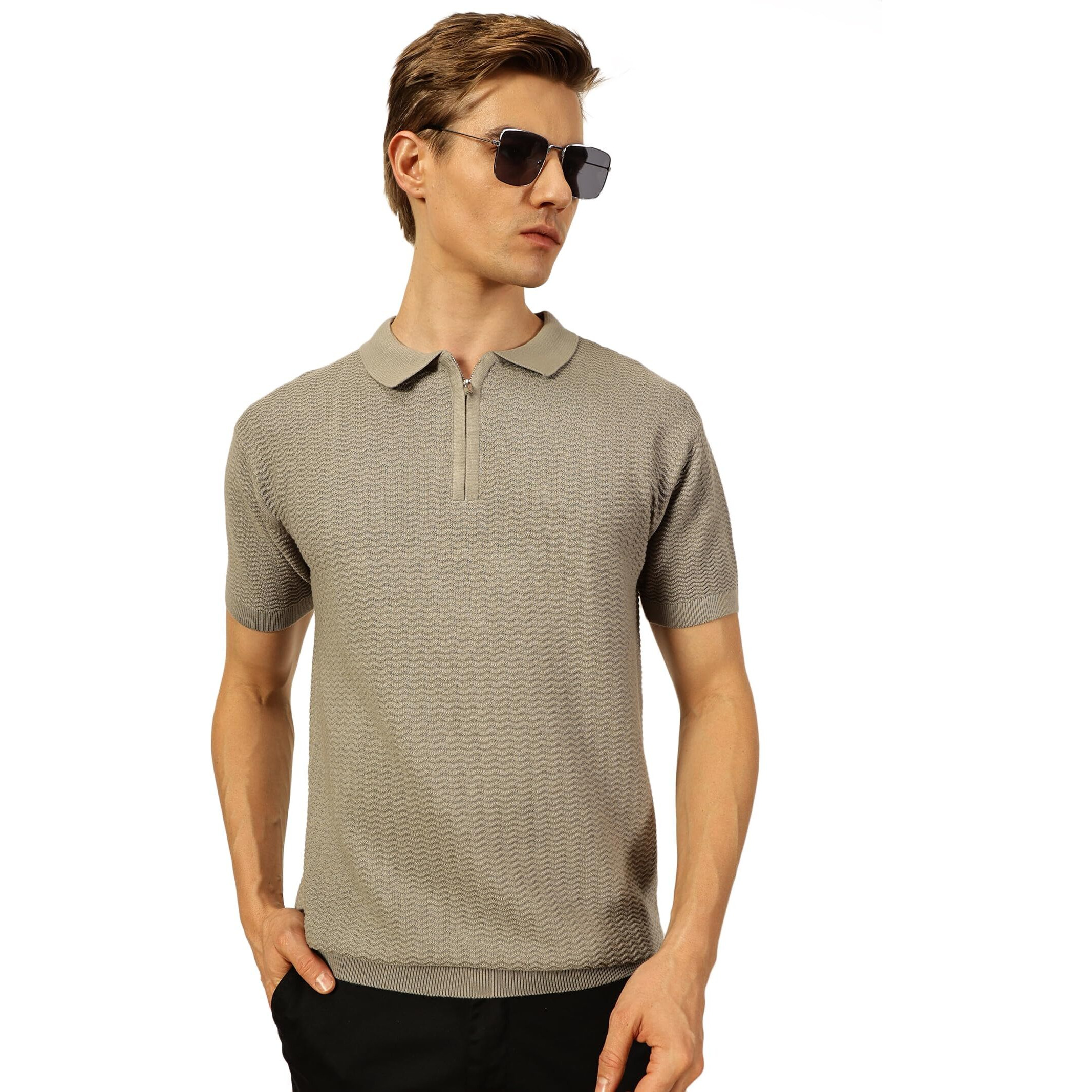 Thomas Scott Mens Half Sleeves Regular Fit Textured Half Zipper Polo Tshirt (Tsfk012_Grey, M)