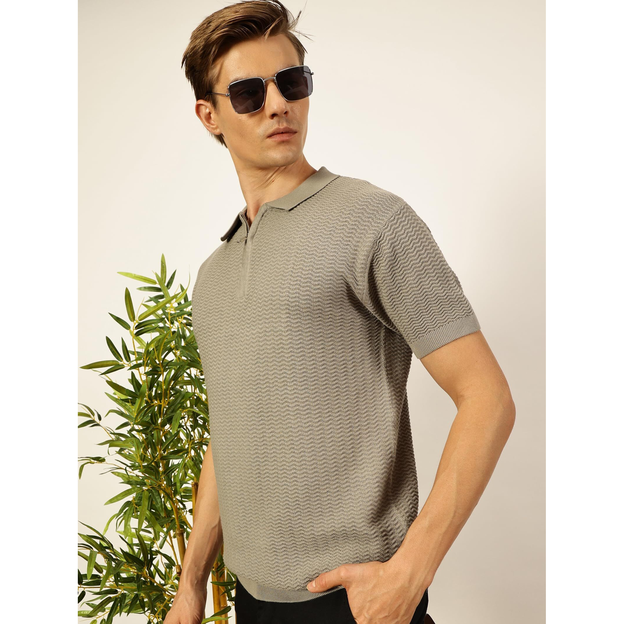 Thomas Scott Mens Half Sleeves Regular Fit Textured Half Zipper Polo Tshirt (Tsfk012_Grey, M)