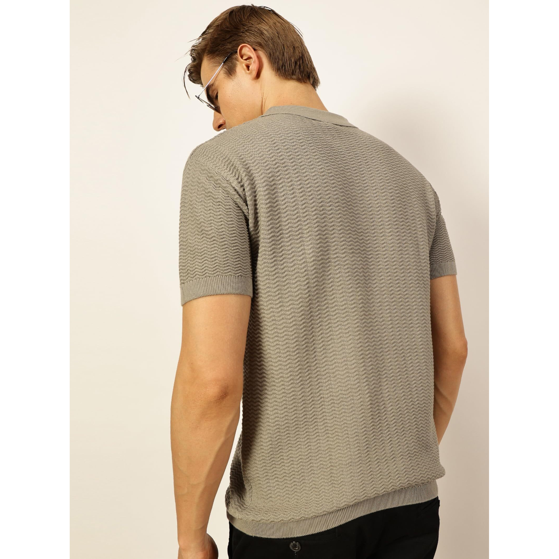 Thomas Scott Mens Half Sleeves Regular Fit Textured Half Zipper Polo Tshirt (Tsfk012_Grey, M)