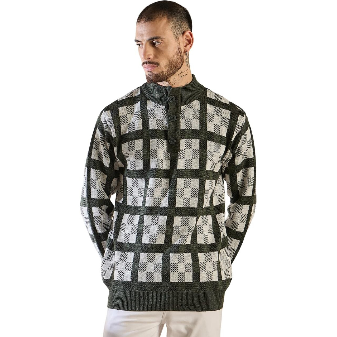 Pivl Men's Winter Half Button Open Sweater_Olive_M