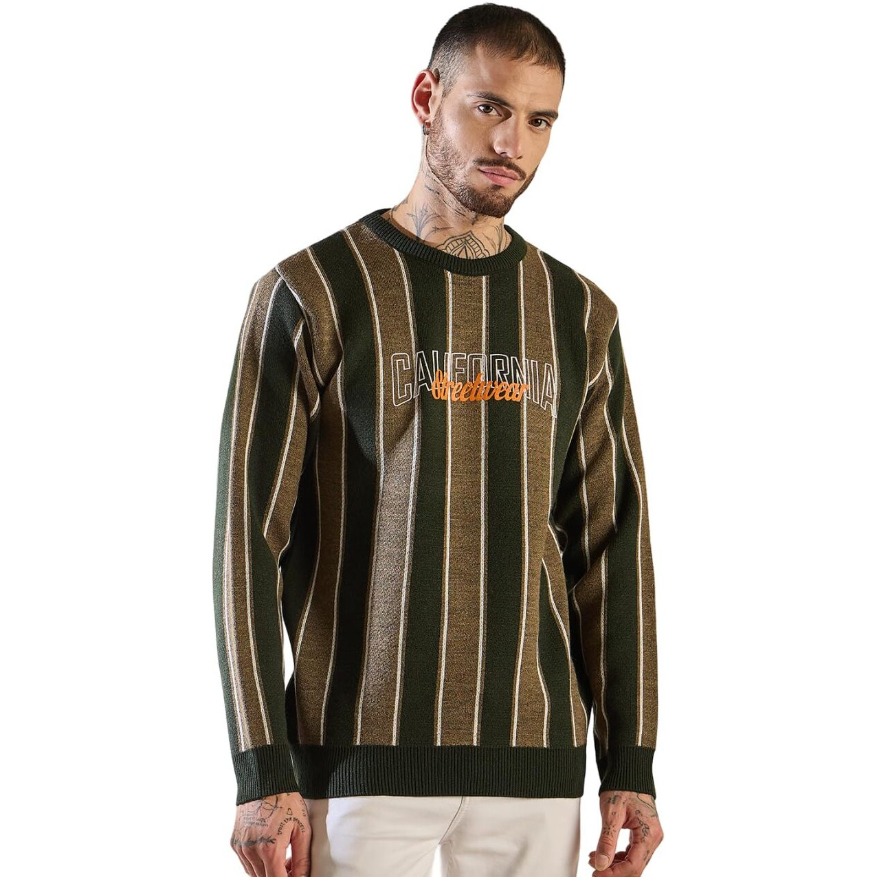 Pivl Men's Winter Round Neck Striped Sweater_Tan_L