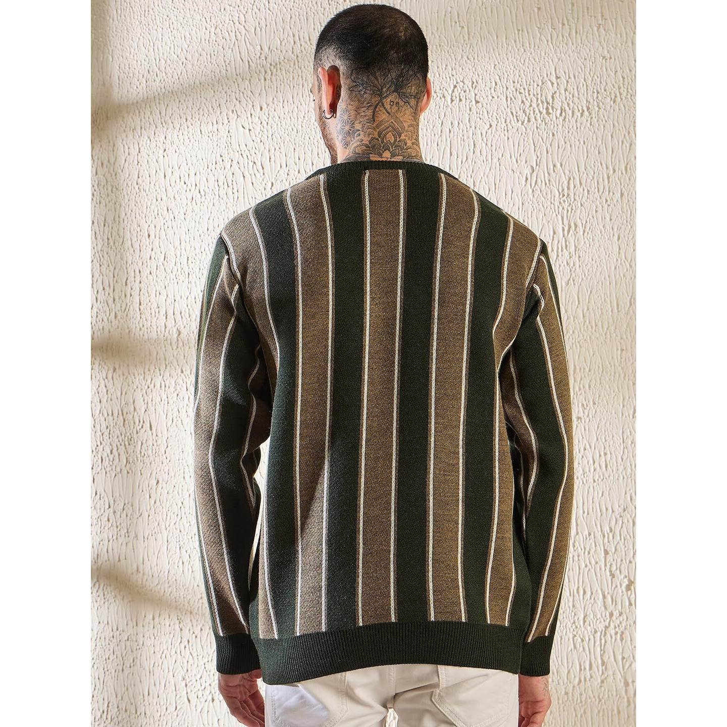 Pivl Men's Winter Round Neck Striped Sweater_Tan_L