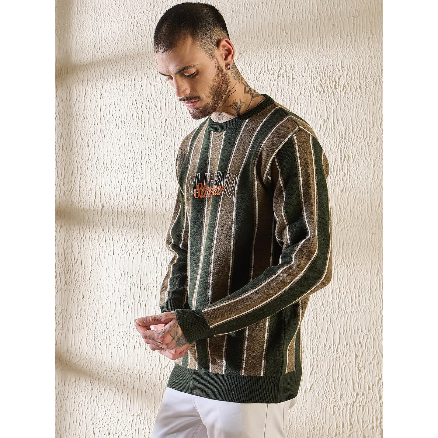 Pivl Men's Winter Round Neck Striped Sweater_Tan_2Xl