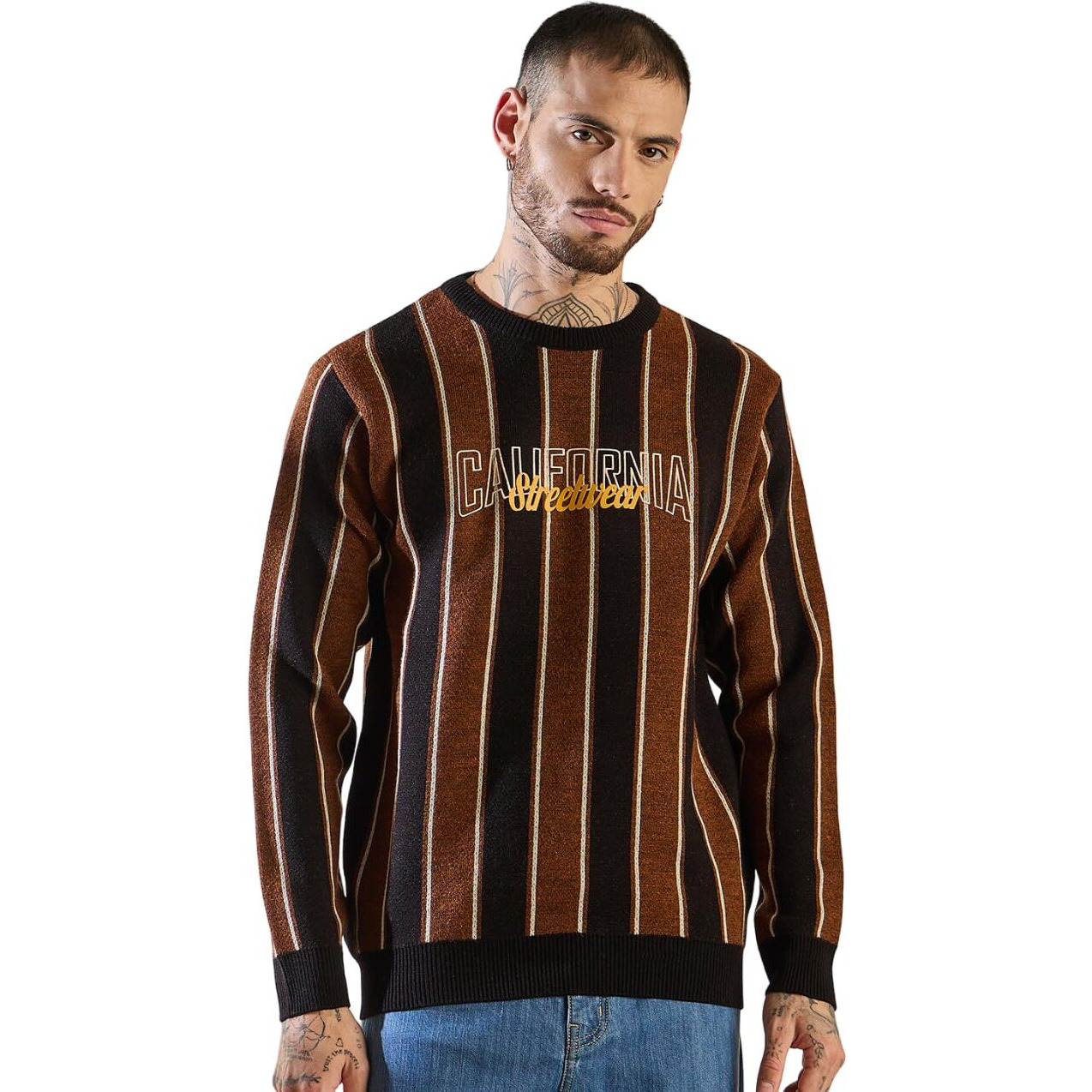 Pivl Men's Winter Round Neck Striped Sweater_Cream_Xl