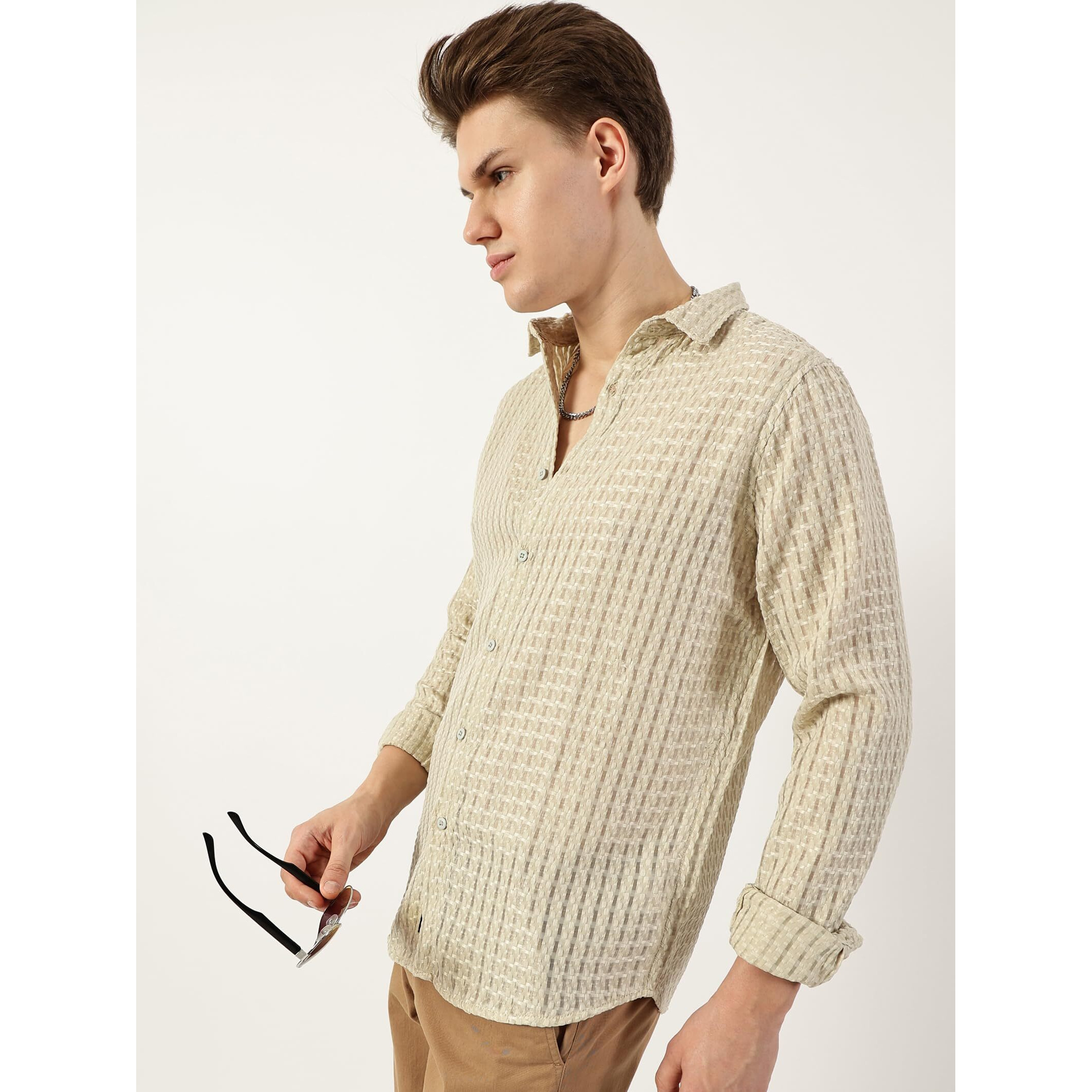 Thomas Scott Men's Spread Collar Long Sleeve Slim Fit Textured Casual Shirt(Ts1662_Lightgreen_S)