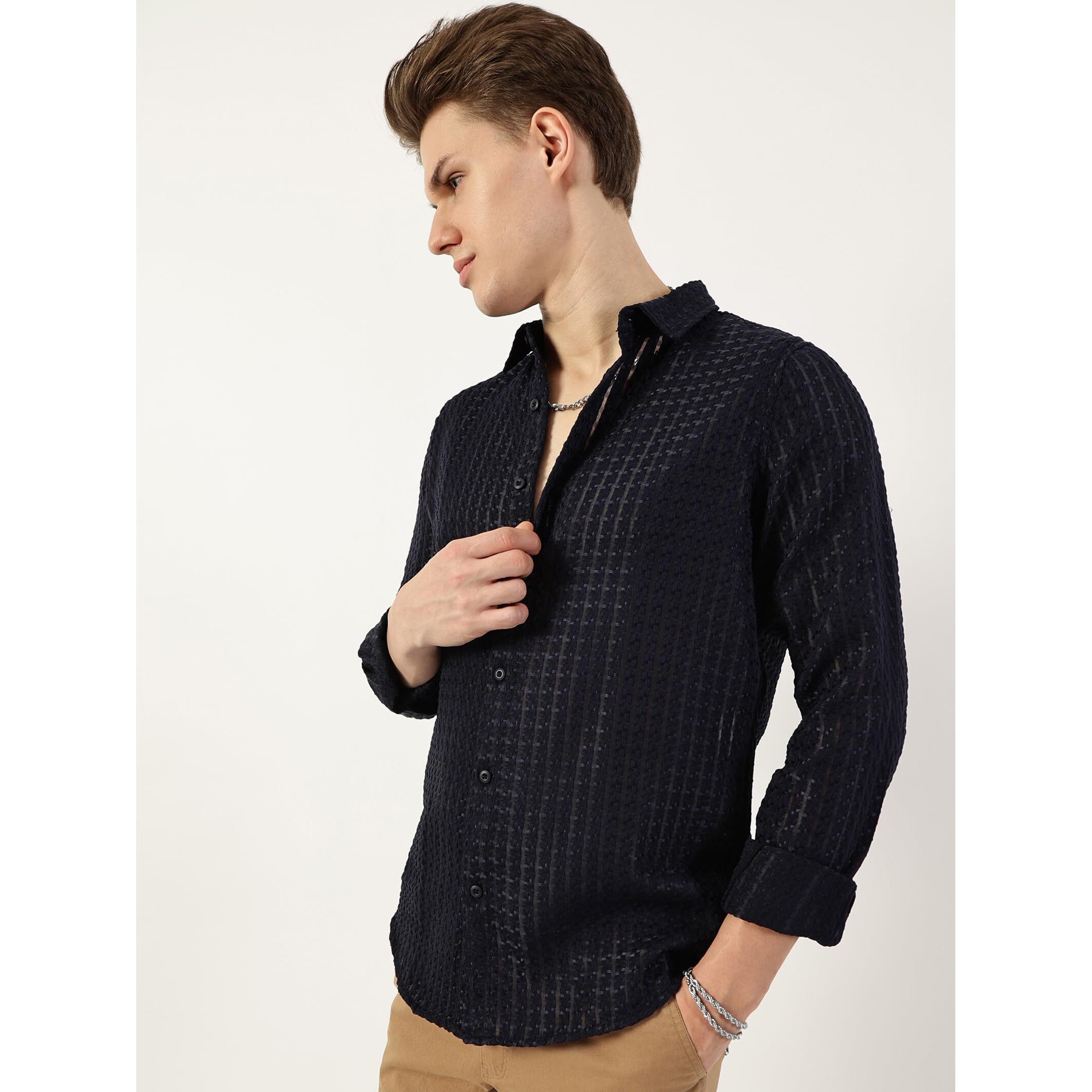 Thomas Scott Men's Spread Collar Long Sleeve Slim Fit Textured Casual Shirt(Ts1662_Navy_Xl)