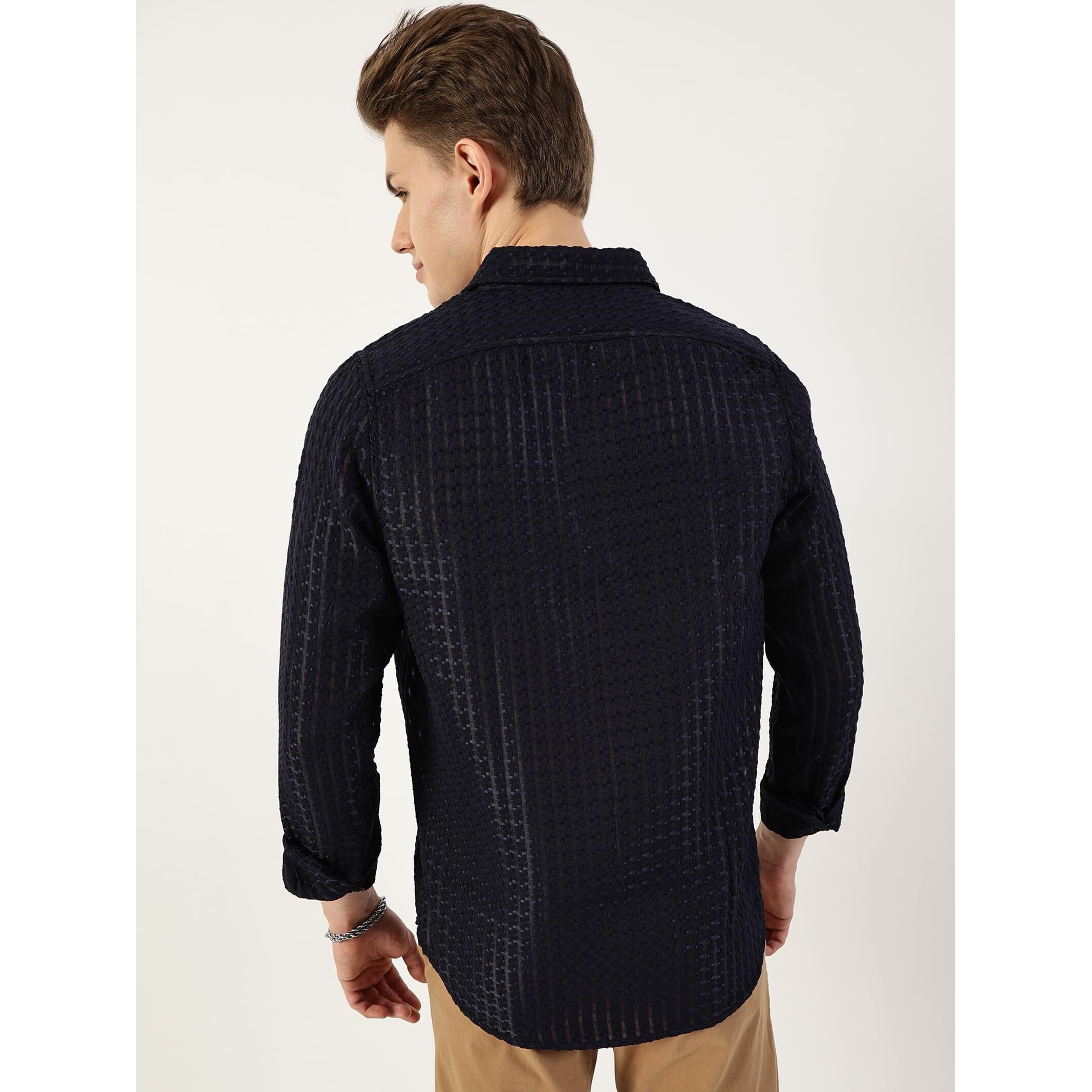 Thomas Scott Men's Spread Collar Long Sleeve Slim Fit Textured Casual Shirt(Ts1662_Navy_Xl)