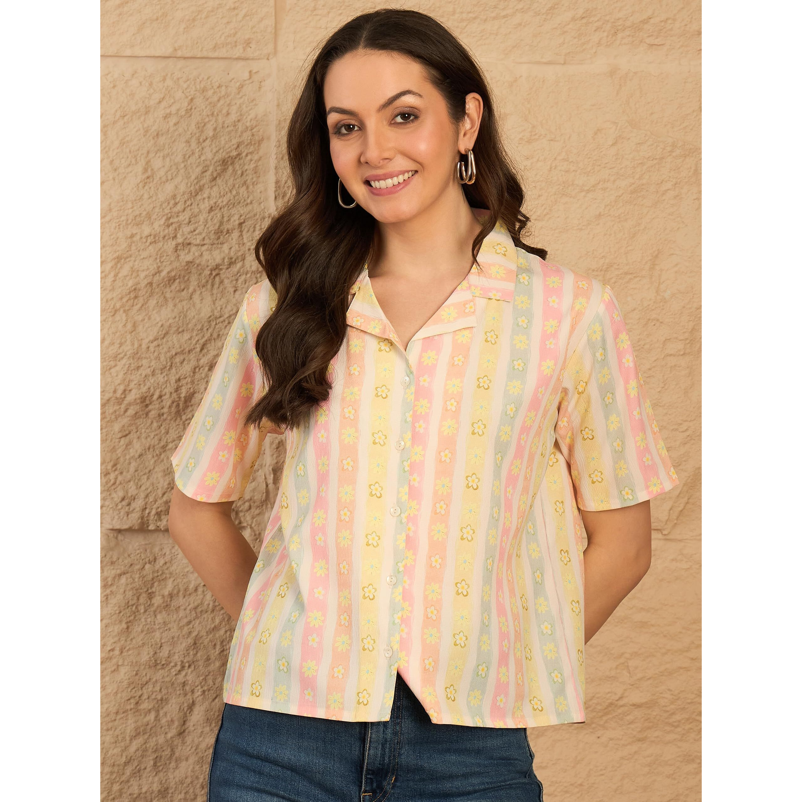 Pivl Ethnic Printed Cuban Collar Shirt Style Top || Summer Wear_Peach_Xl