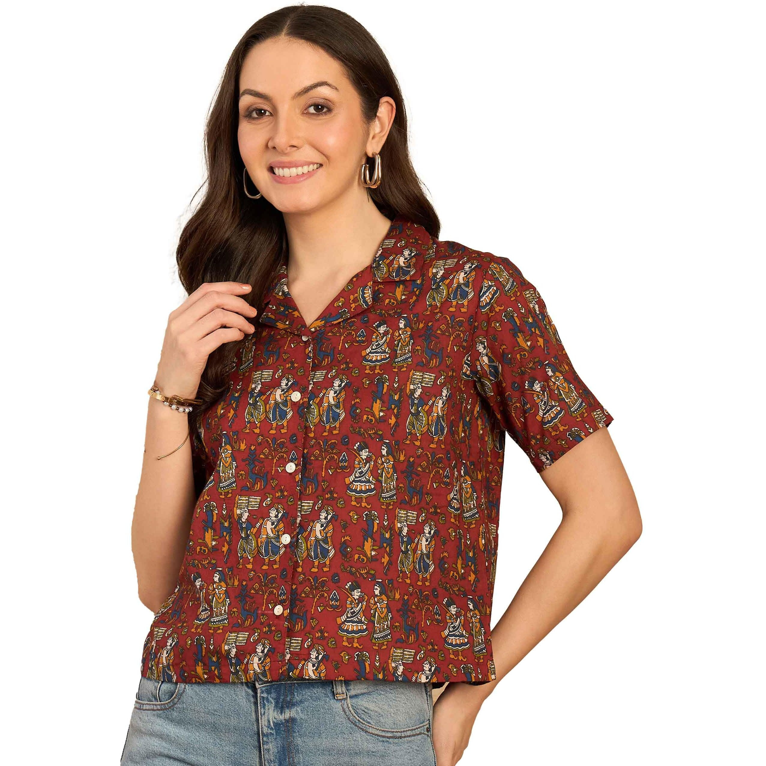 Pivl Ethnic Printed Cuban Collar Pure Cotton Shirt Style Top || Summer Wear_Red_L