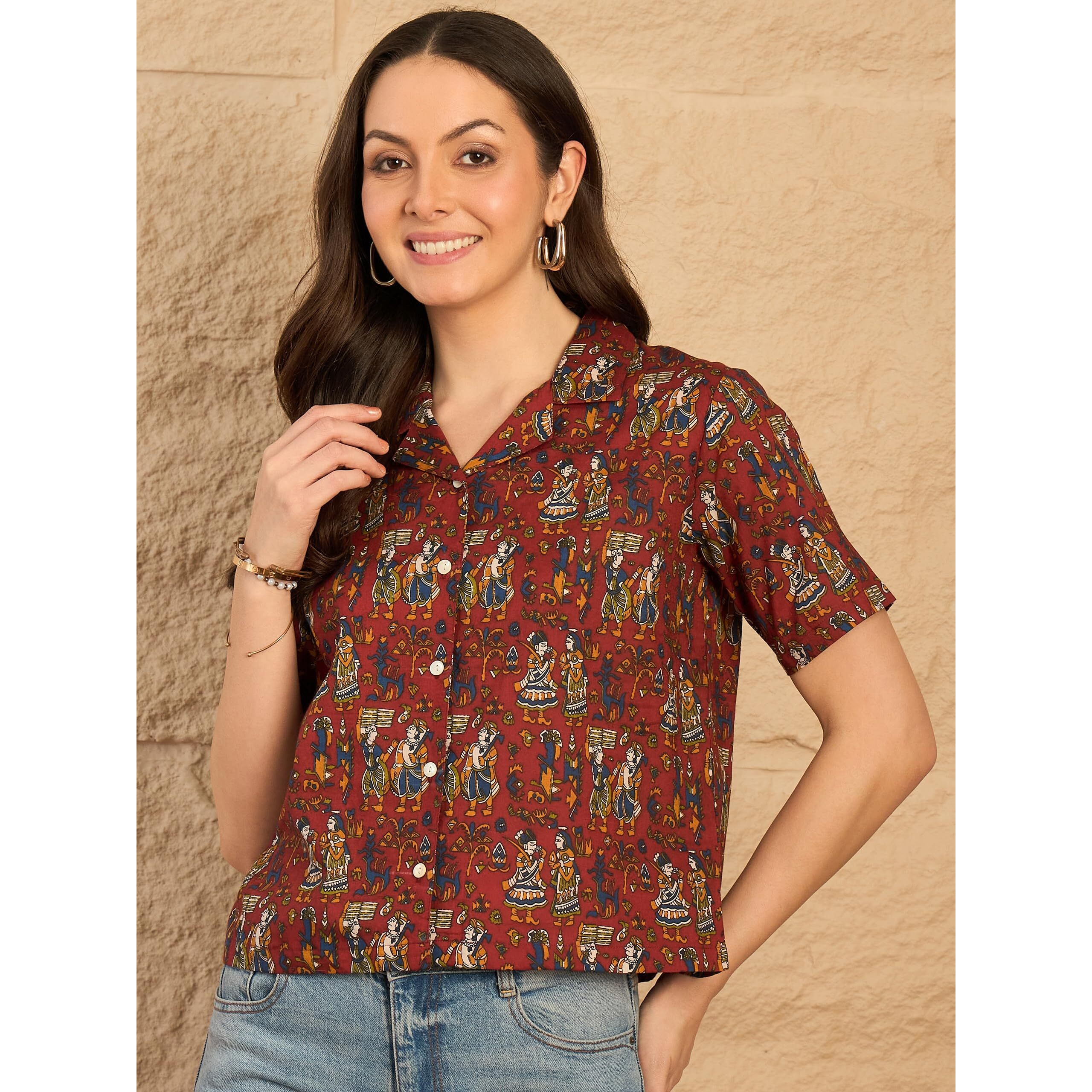 Pivl Ethnic Printed Cuban Collar Pure Cotton Shirt Style Top || Summer Wear_Red_Xl
