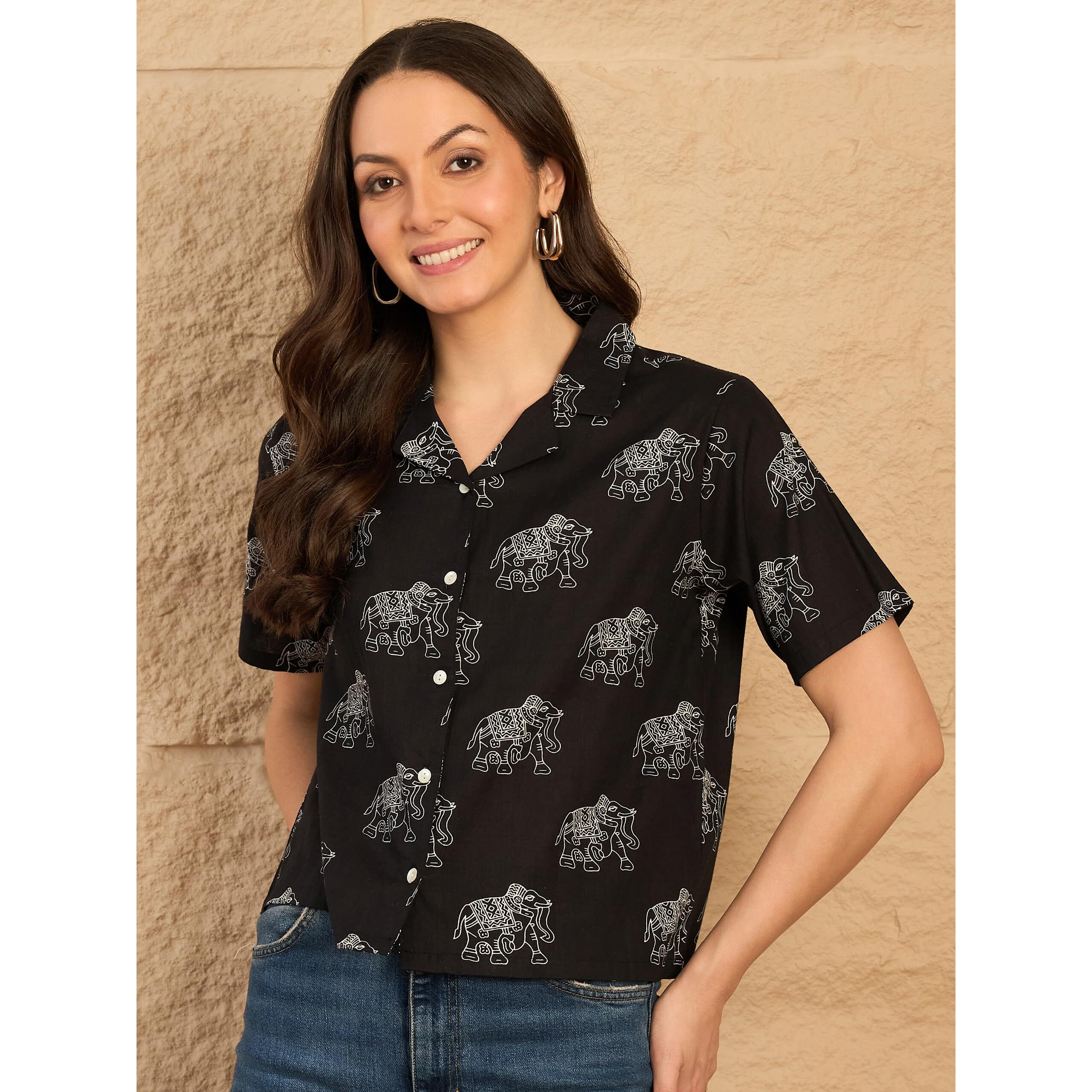 Pivl Ethnic Printed Cuban Collar Pure Cotton Shirt Style Top || Summer Wear_Black_M