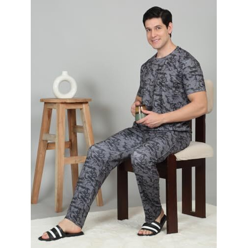 Sweet Dreams Men's Printed Pyjama Co-Ords Set Dark Grey