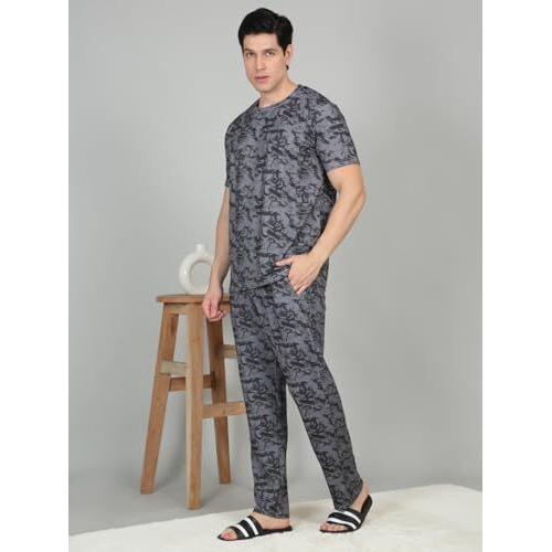 Sweet Dreams Men's Printed Pyjama Co-Ords Set Dark Grey