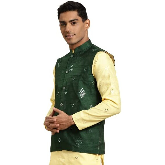 Sojana (Since 1958) Men's Silk Blend Dark Green Mirror Work Only Nehru Jacket