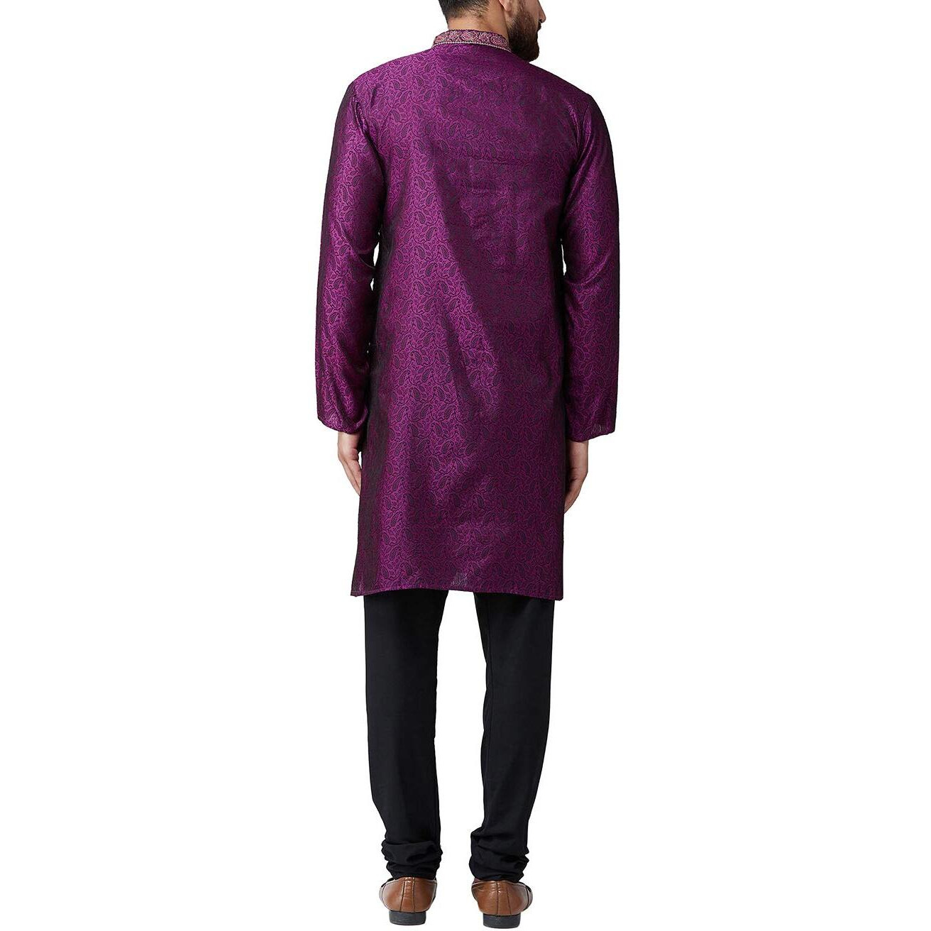 Sojanya (Since 1958) Men's Purple Jacquard Silk Kurta & Churidaar Pyjama, Size L