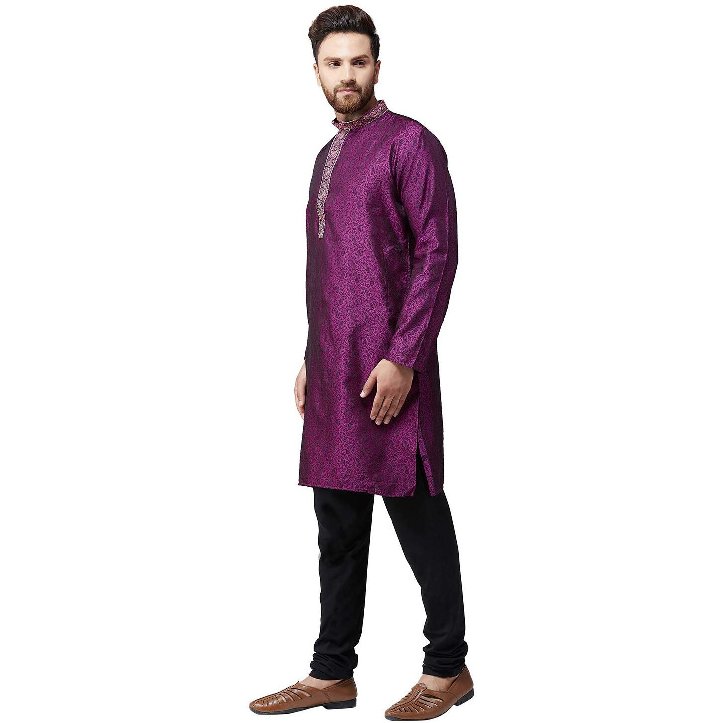 Sojanya (Since 1958) Men's Purple Jacquard Silk Kurta & Churidaar Pyjama, Size L